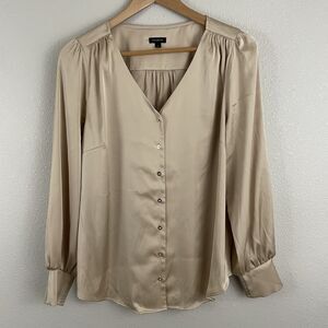 Talbots Womens L Soft Satin Charmeuse Bishop Sleeve V Neck Button Up Blouse